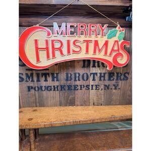 Vintage Merry Christmas Plastic Mold Hanging Sign 15" x 5" Woodgrain